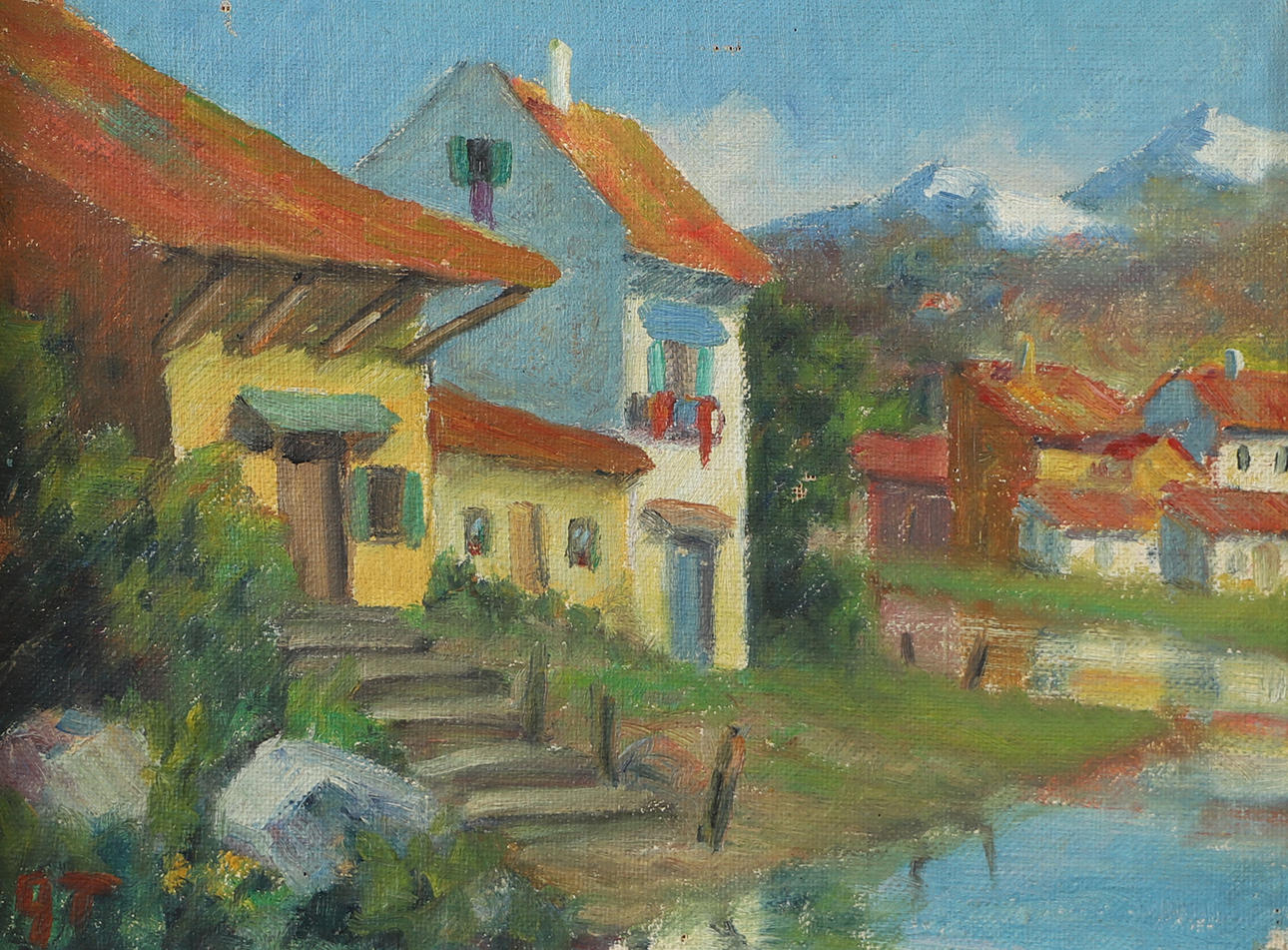 OIDENTIFIERAD KONSTNÄR. Landscape with house, oil on panel, monogram signed.