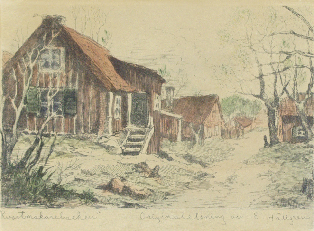 ERNST HÄLLGREN. Etching, “Broomstick”, signed E. Hällgren.