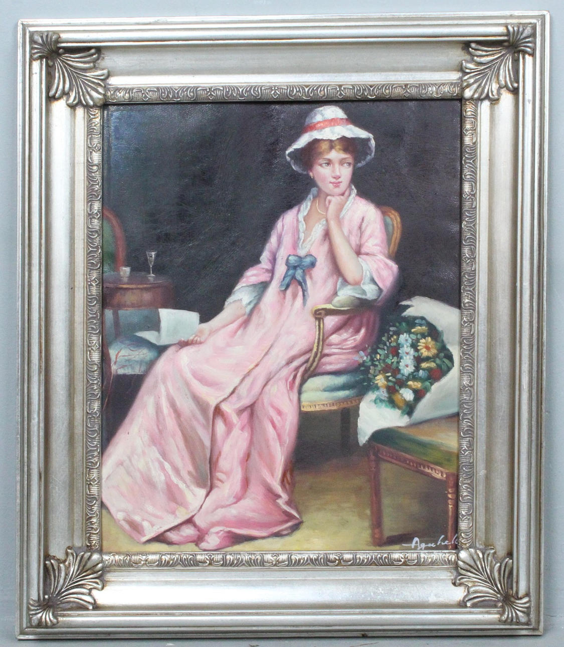 Unknown artist. 'Elegant lady', oil on canvas, signed.