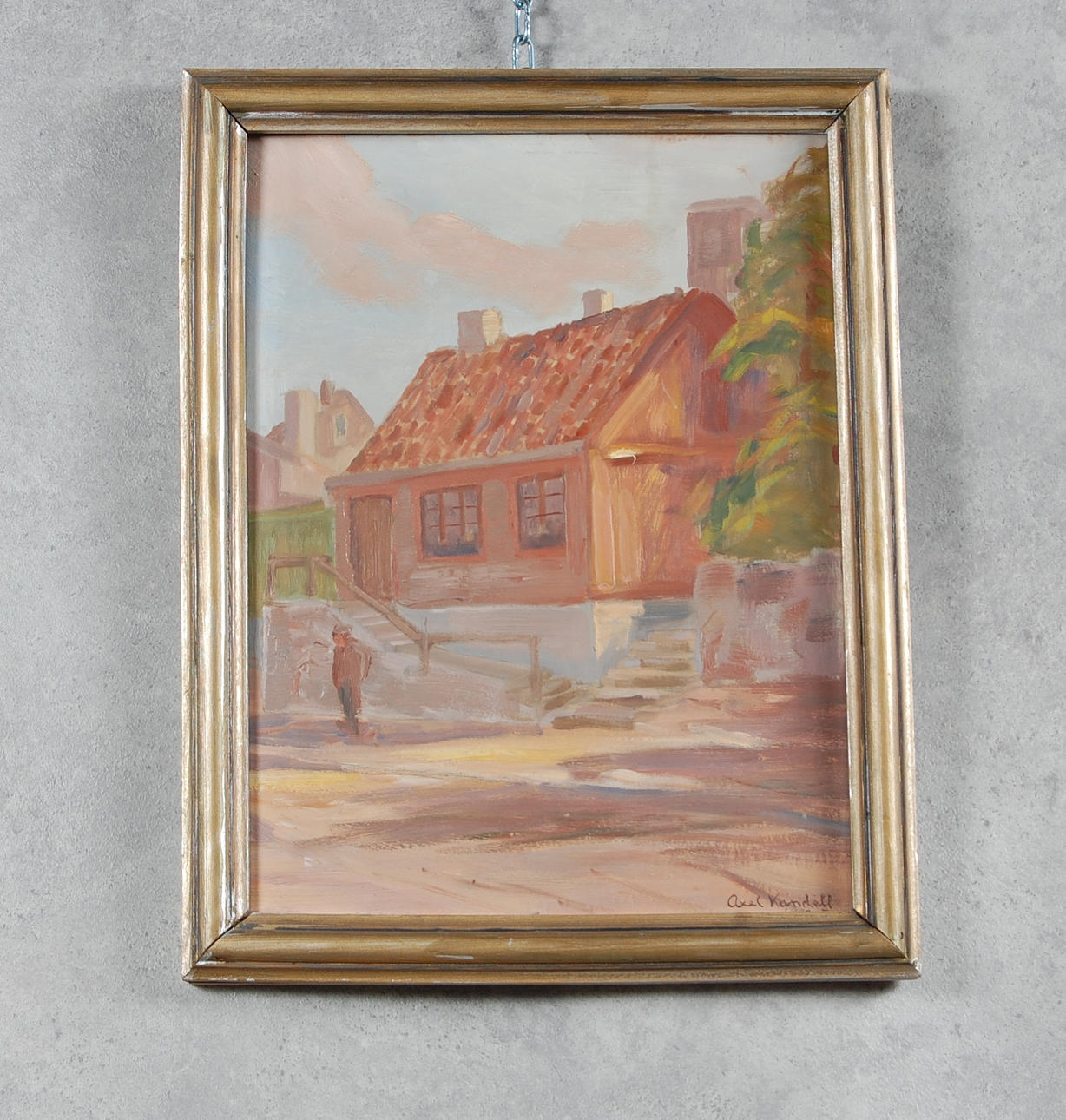 AXEL KANDELL. signerad, daterad 1937, Olja på pannå " Gamla Helsingborg".