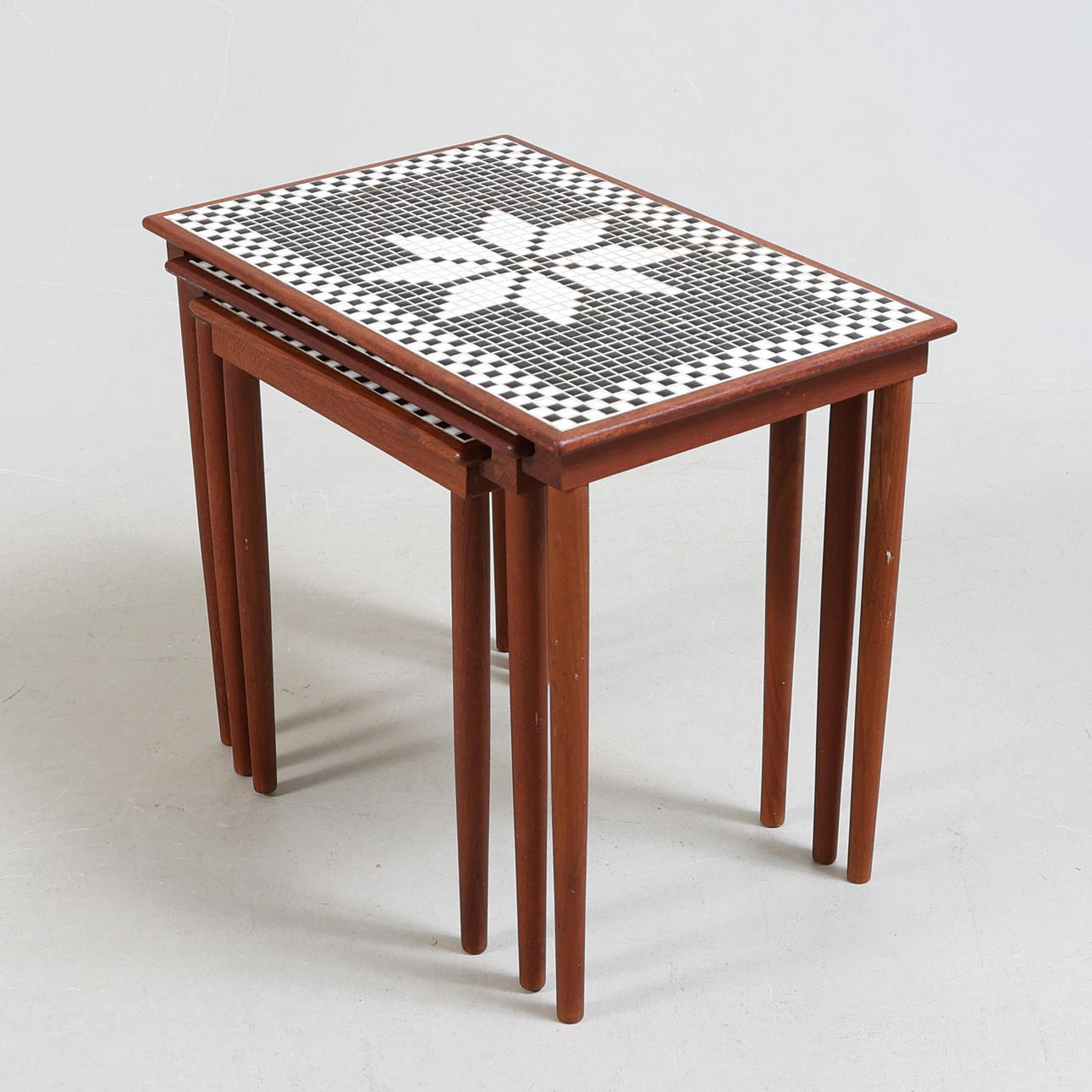 A set table, 3 pieces, teak & mosaic, mid 20th century.