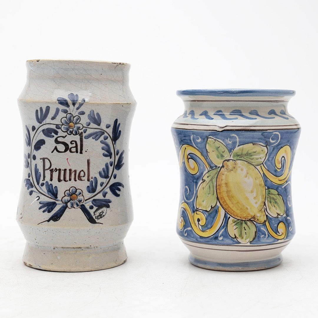 Two earthenware pharmacy jars, 20th Century.