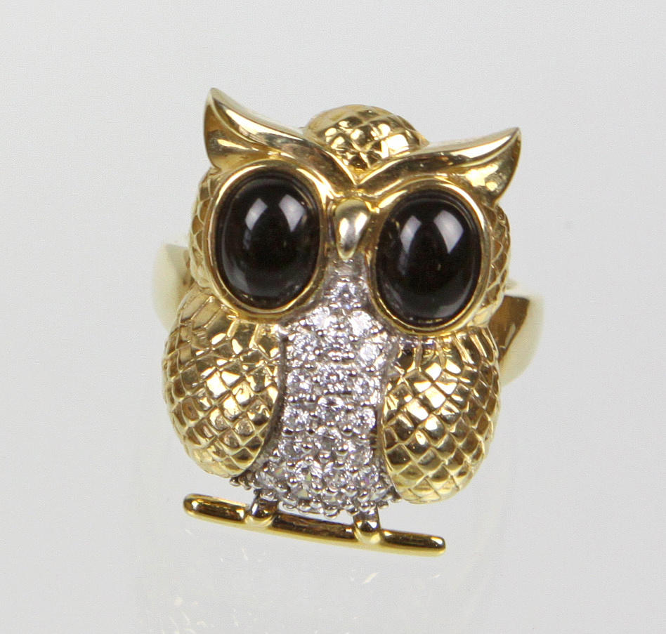 RING, uggla, onyx, cubic zirconia, silver 925 guldpläterad.