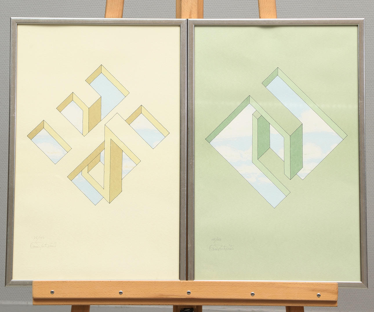 OSCAR REUTERSVÄRD. Lithograph in colours, 2 pcs, Impossible figure, signed, numbered 109/150 & 75/150.