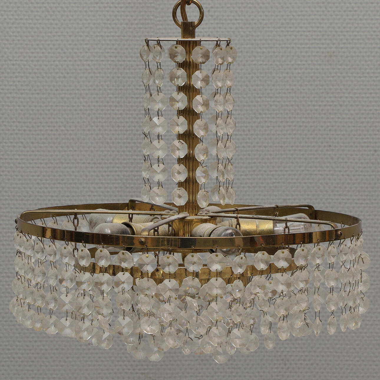 A ceiling lamp, brass/prisms, 5 light points, 20th century.