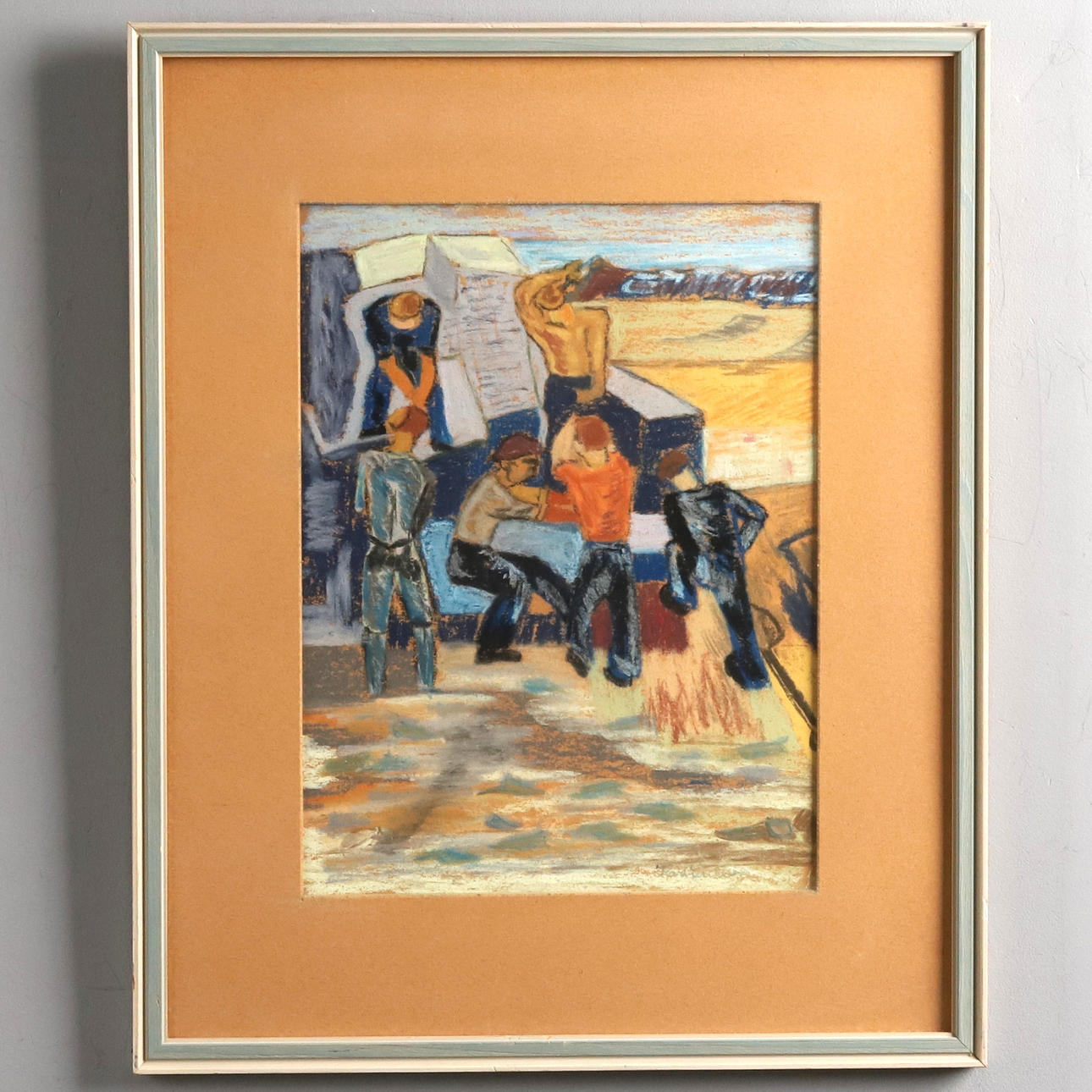 OIDENTIFIERAD KONSTNÄR. BACKGAMMON. Pastel on cardboard, “Workers”, signed.