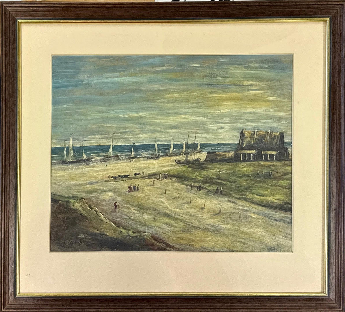 S. A. COLLINS. FRAMED BEACH SCENE OIL.