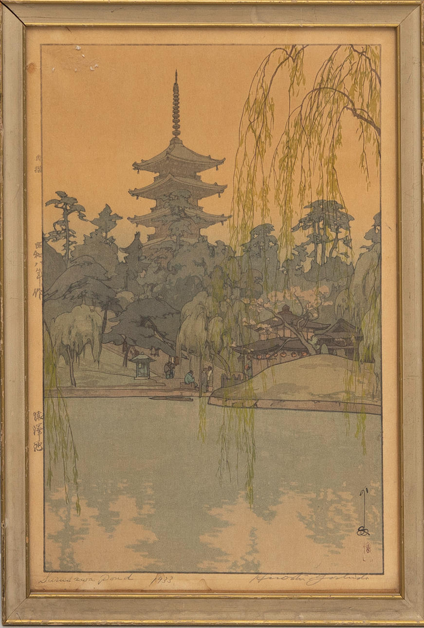HIROSHI YOSHIDA. “Sarusawa Pond”, colour woodcut, signed and dated 1933.