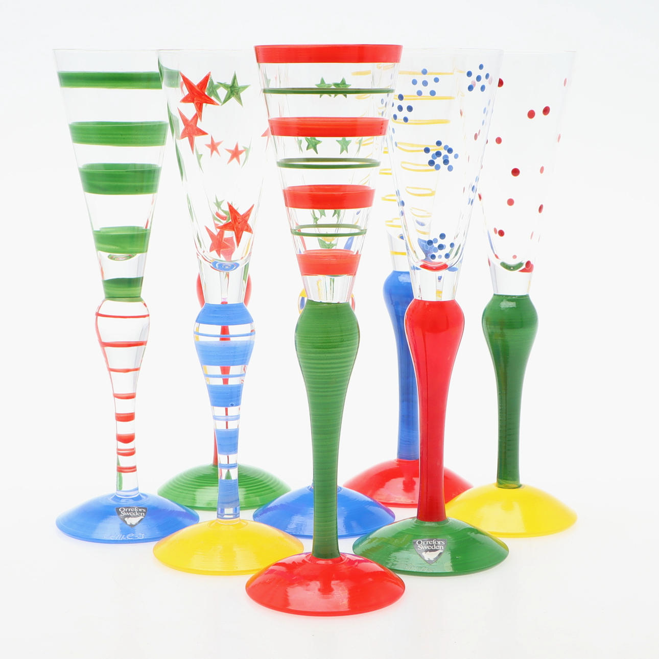 ANNE NILSSON. Snap glasses, 8 pcs, “Clown”, Orrefors, signed.