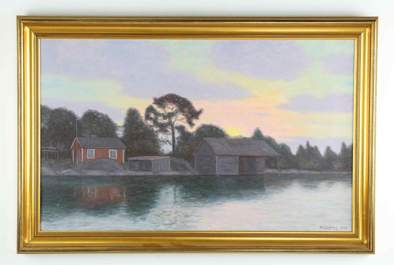 OTTO LINDBERG. oil on canvas, sunset, signed, dated 1942.