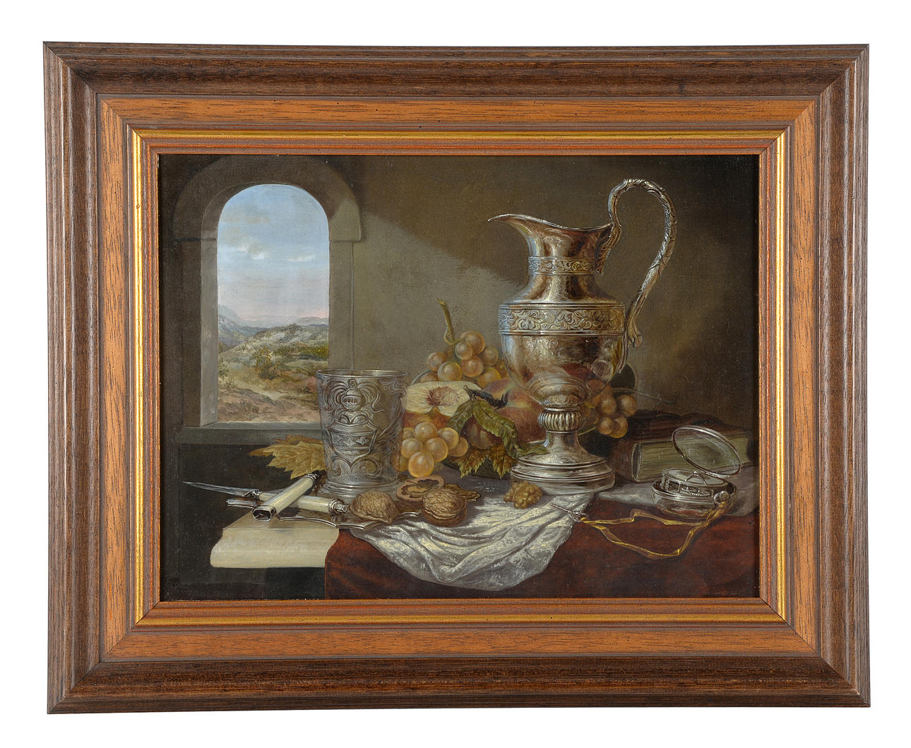 DUKAT BORD MED FRUKT OCH ANTIKA DRICKSFARTYG. Minut stilleben.