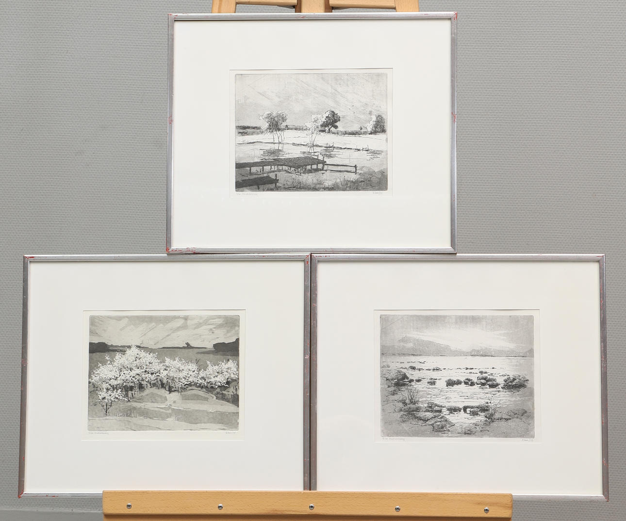 OIDENTIFIERAD KONSTNÄR. Aquatint etching, 3 pieces, landscape motifs, signed E Son, numbered, dated 77.