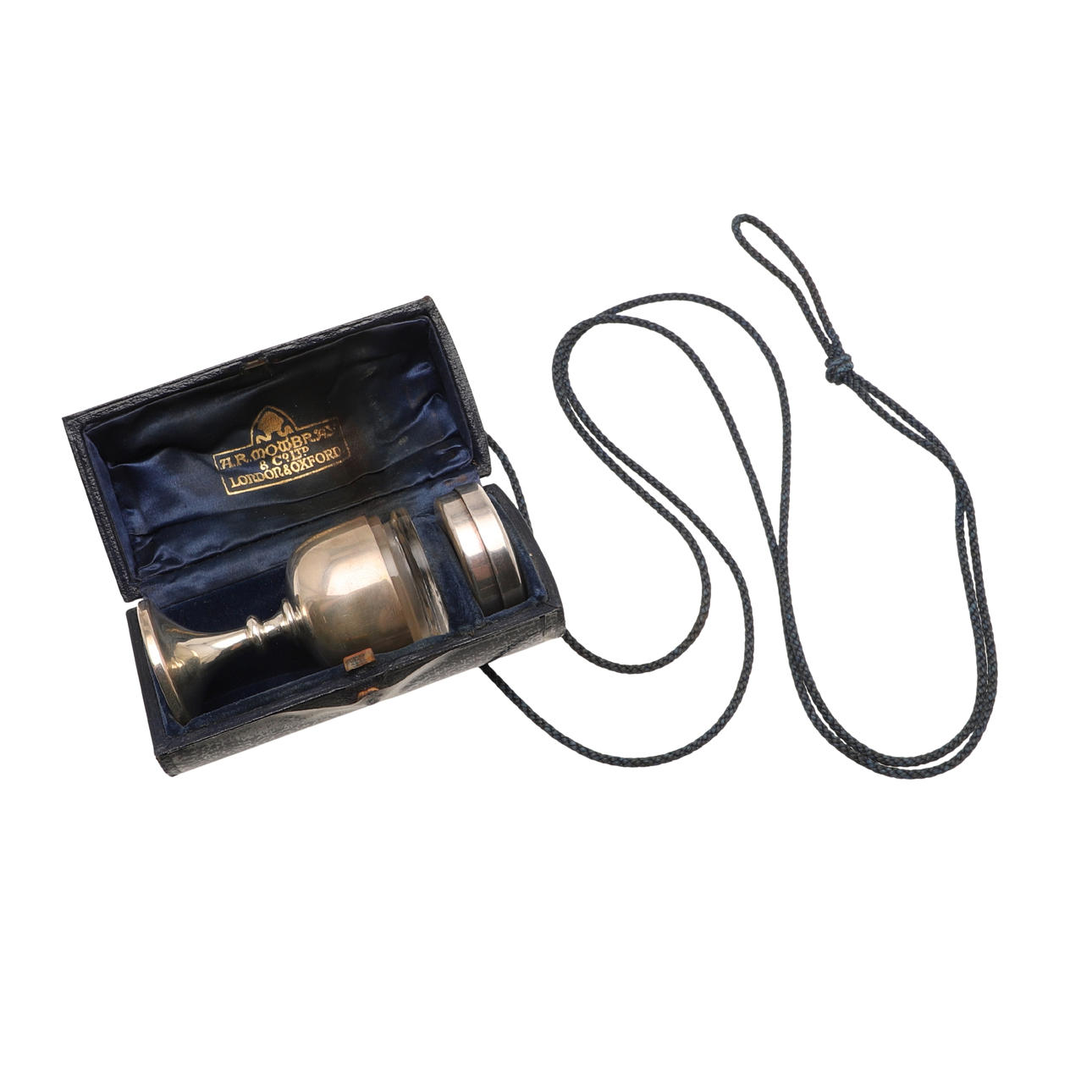 A CASED SILVER TRAVELLING COMMUNION SET.