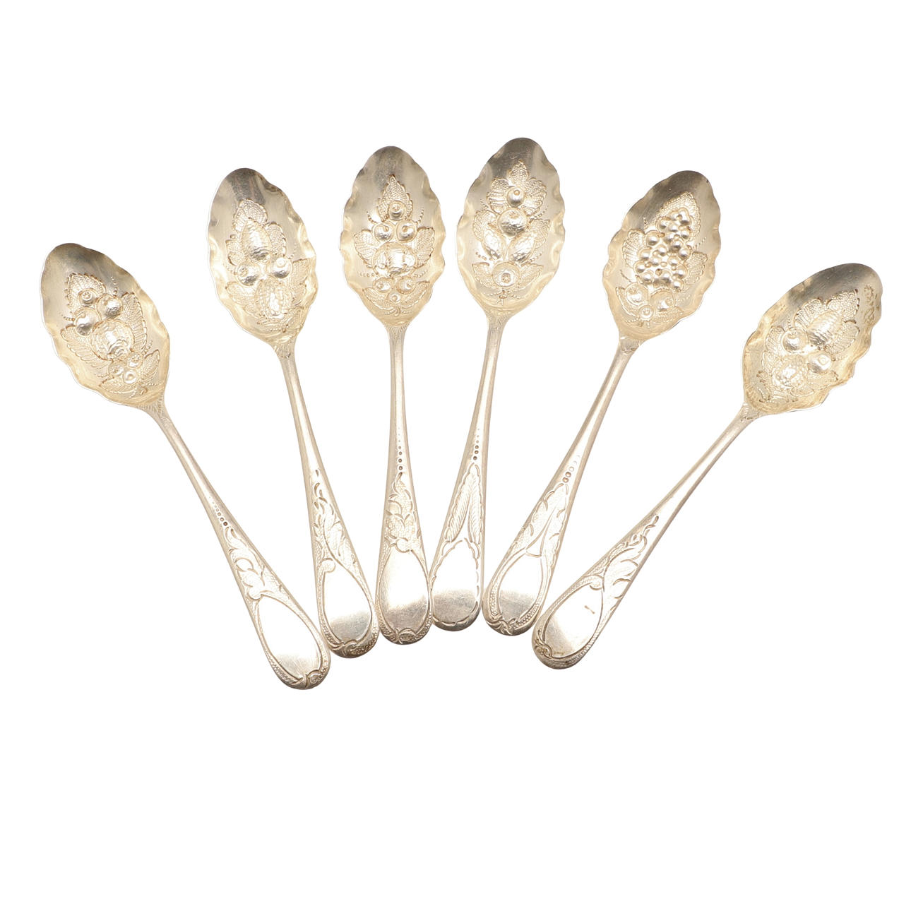 EIN SATZ VON SECHS TEELÖFFELN GEORGE VI SILVER BERRY.