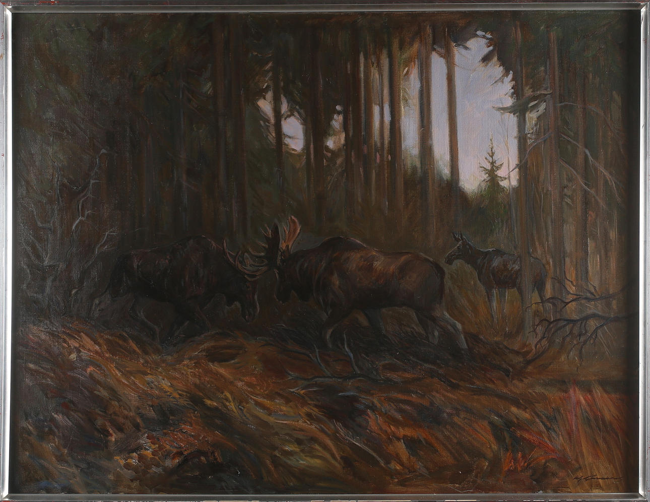 OIDENTIFIERAD KONSTNÄR. Stångande Älgar, olja på duk, signerad Göransson.
