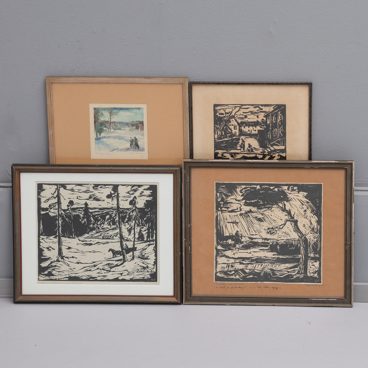 HUGO CARLBERG. THREE WOODCUTS AND A MONOTYPE, SIGNED.