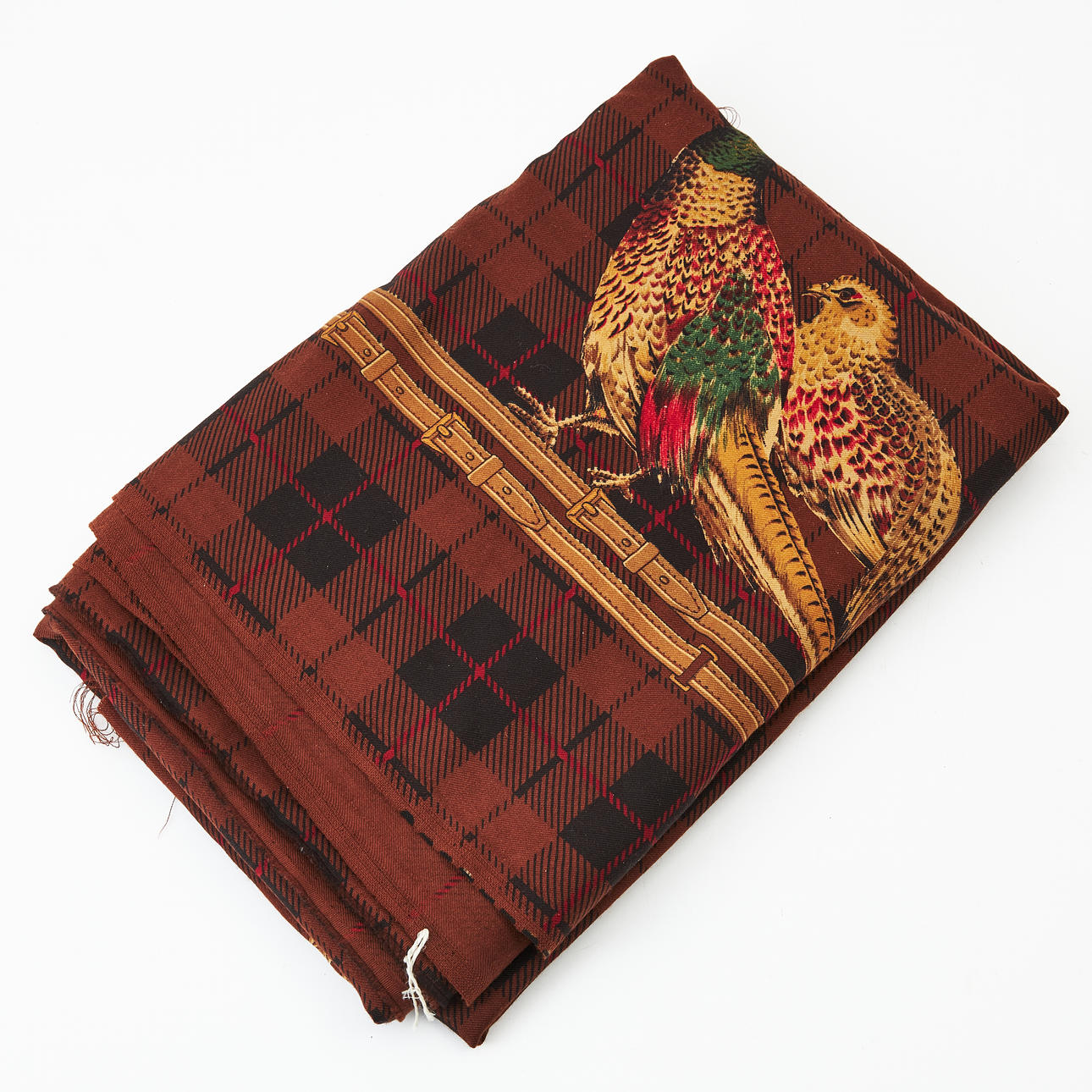 RALPH LAUREN, textile, wool, circa 1980s, checkered pattern in brown with border depicting belt, and decoration of pheasants, skirt fabric.