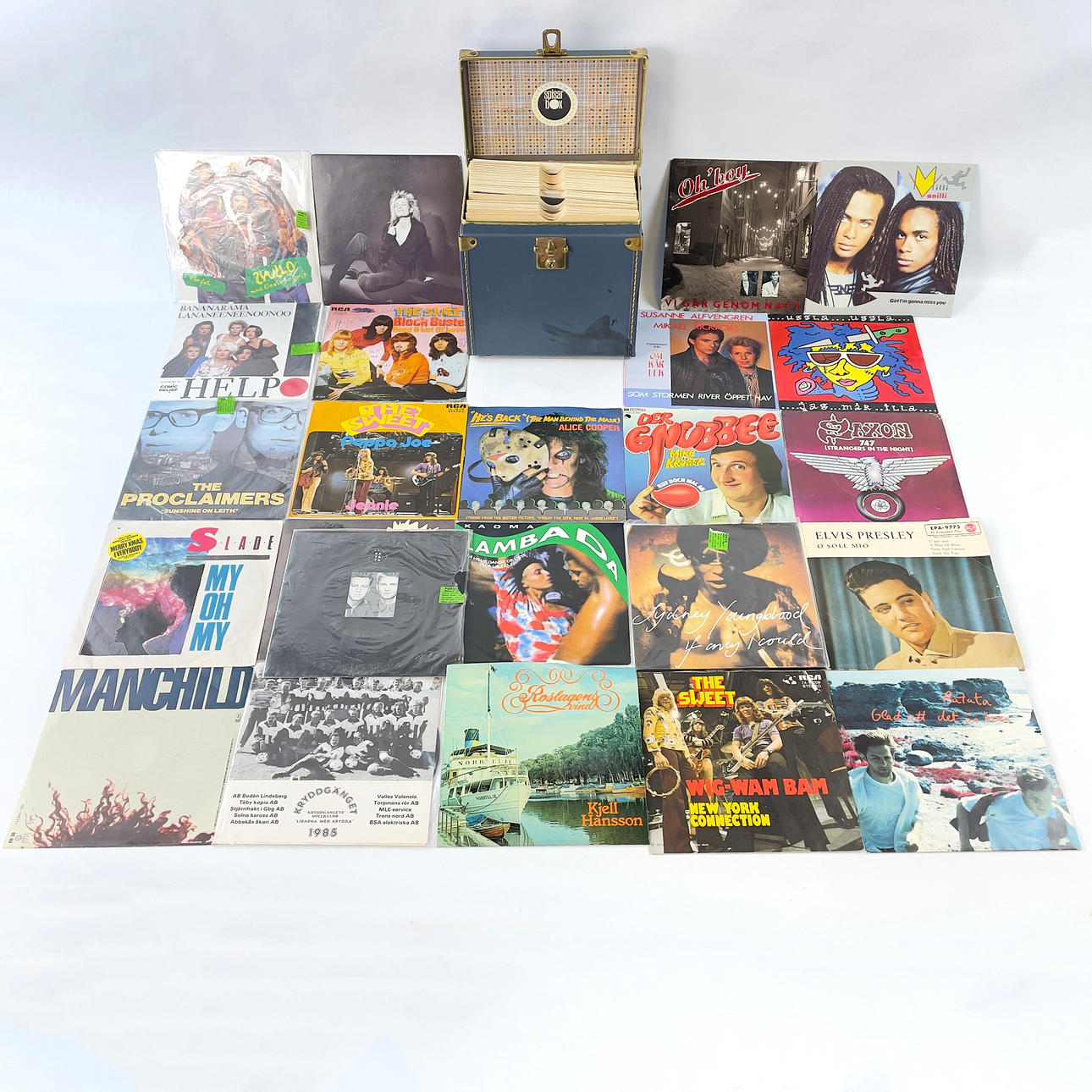 EP/SINGLER, 35 pcs and record box. Pop/rock, etc.