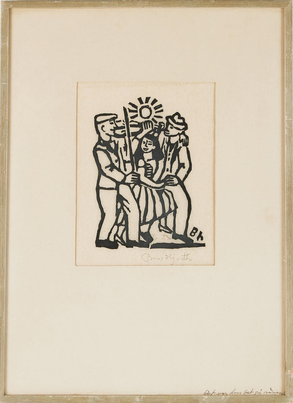 BROR HJORTH. Figure scene, woodcut, signed.