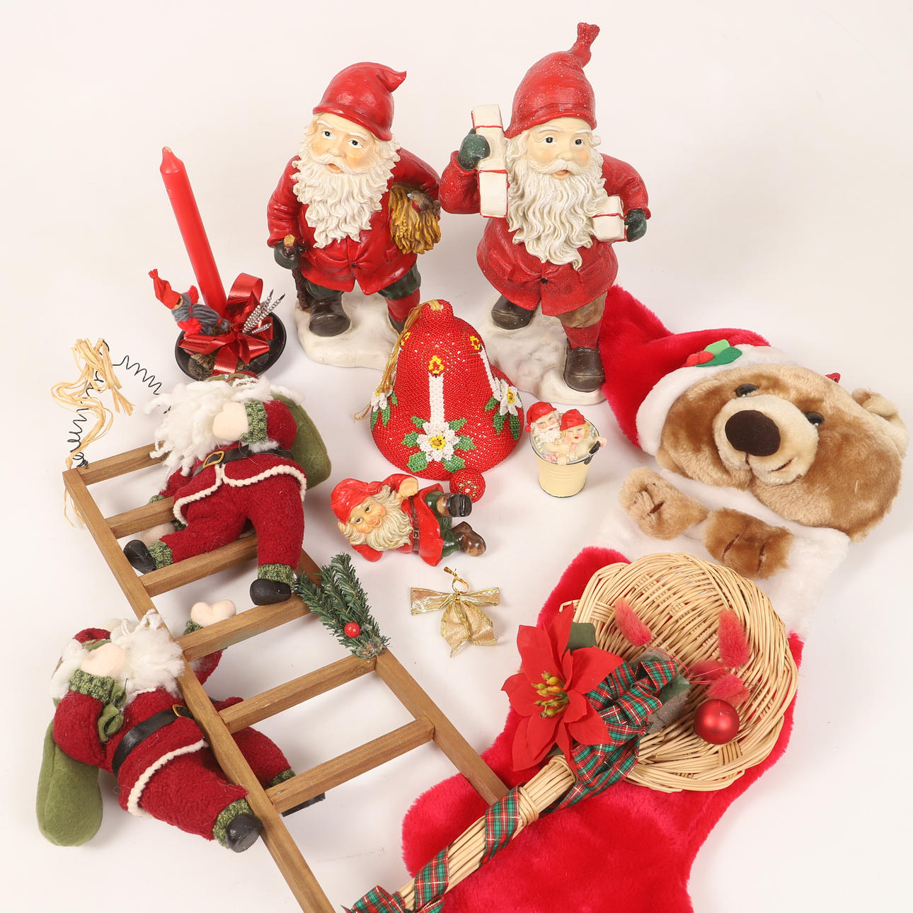 CHRISTMAS DECORATIONS, mostly gnomes.