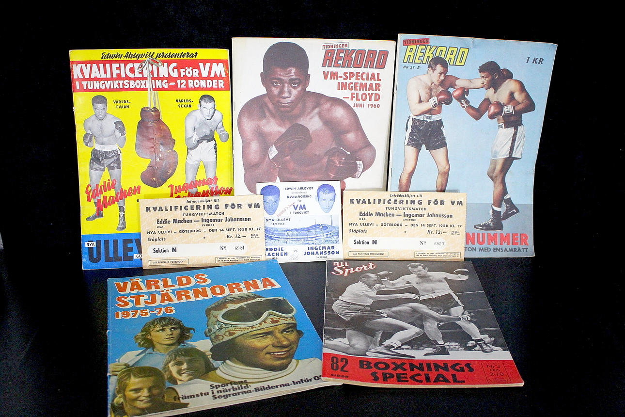 TIDNINGAR, 5 st, 2 st BILJETTER, boxning, IngemarJohansson.