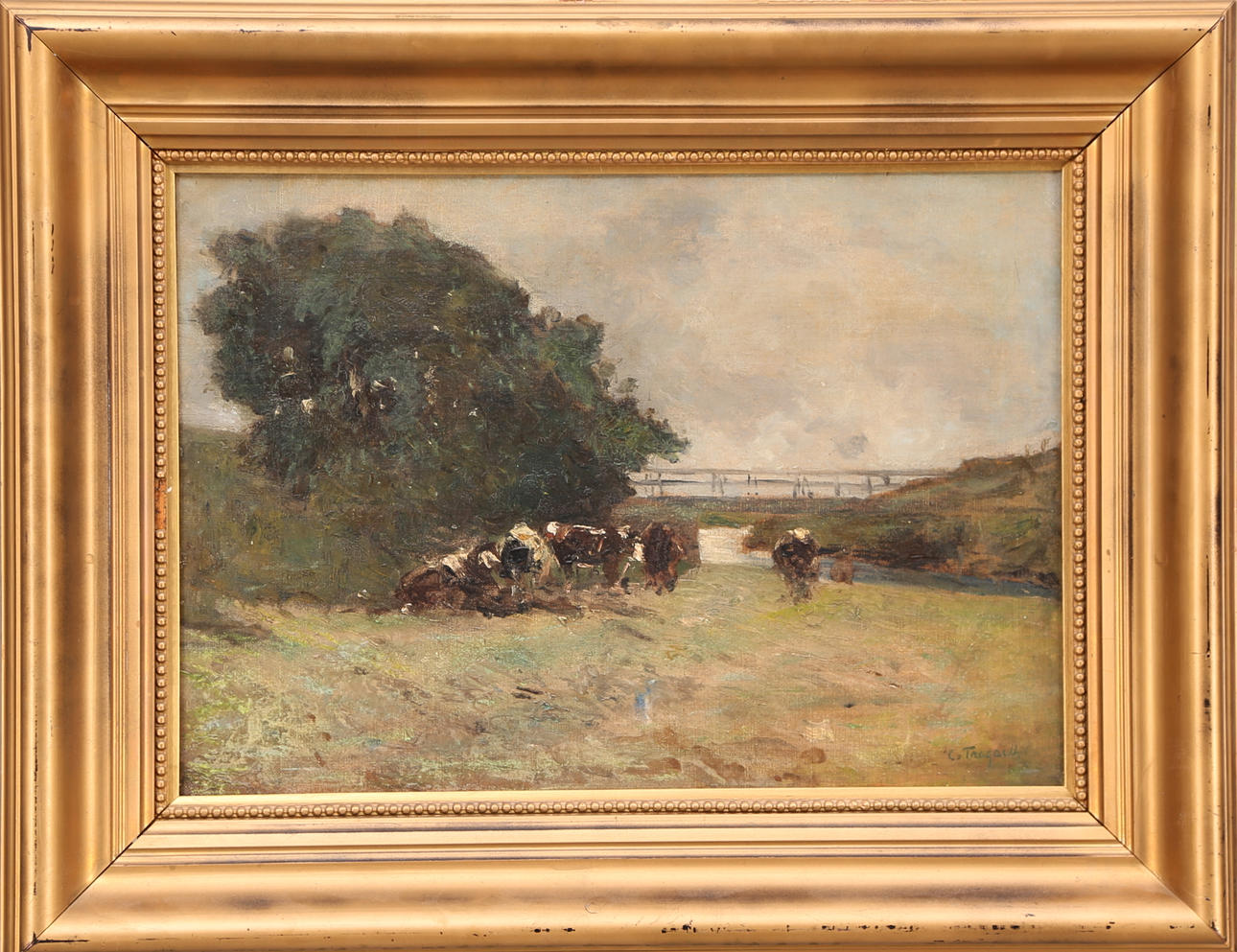 CARL TRÄDGÅRDH. olja duk, signerad C.Trädgårdh, landskap med betande/vilande kor.