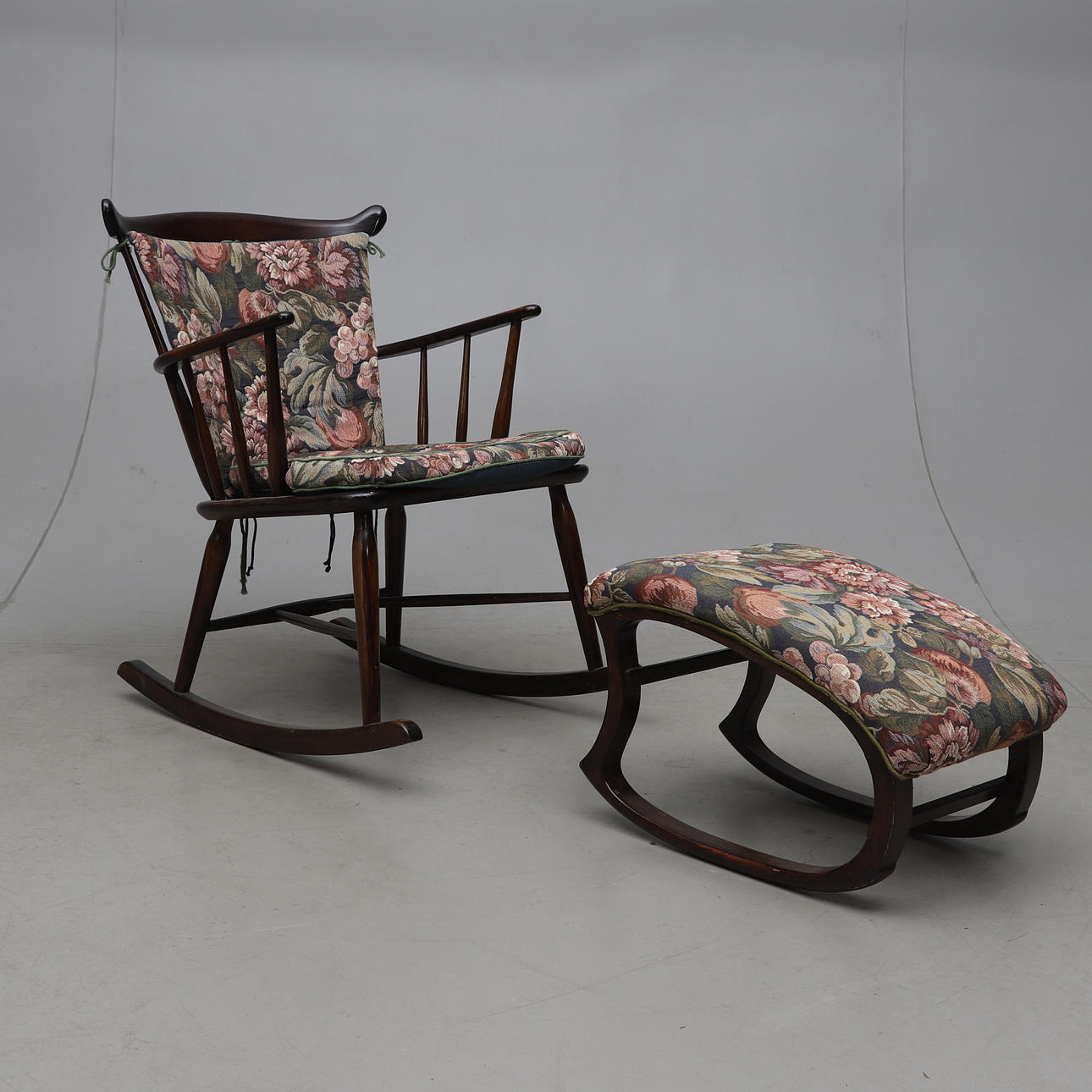 Rocking chair, with footstool, stained beech/oak, model 181, Farstrup Möbelfabrik, Denmark.