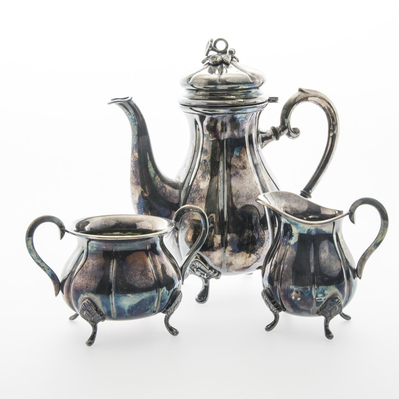 KAFFESERVIS, 3 delar, rokokostil, nysilver.