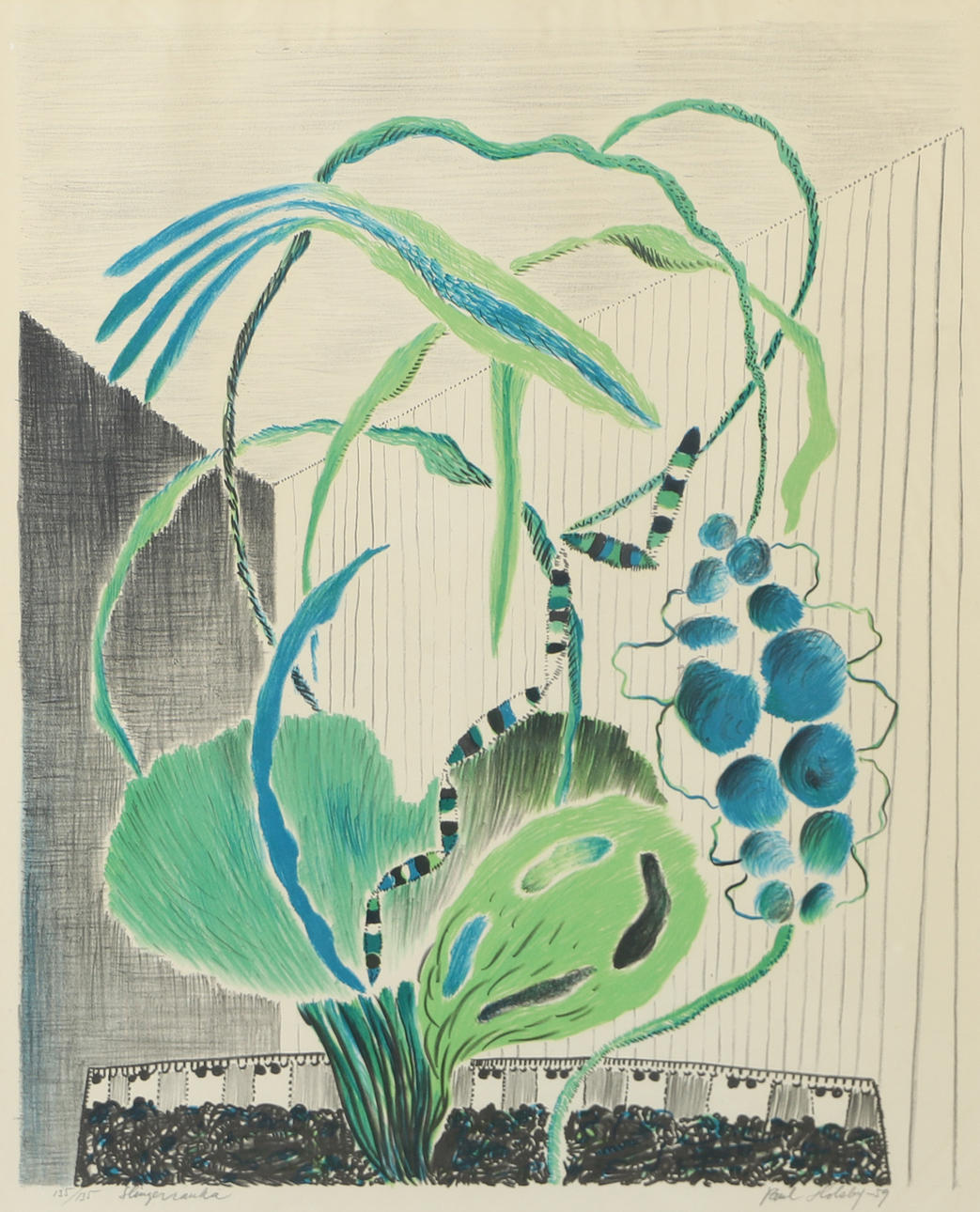 PAUL HOLSBY. “Slingerranka”, lithograph in colours, signed -59.