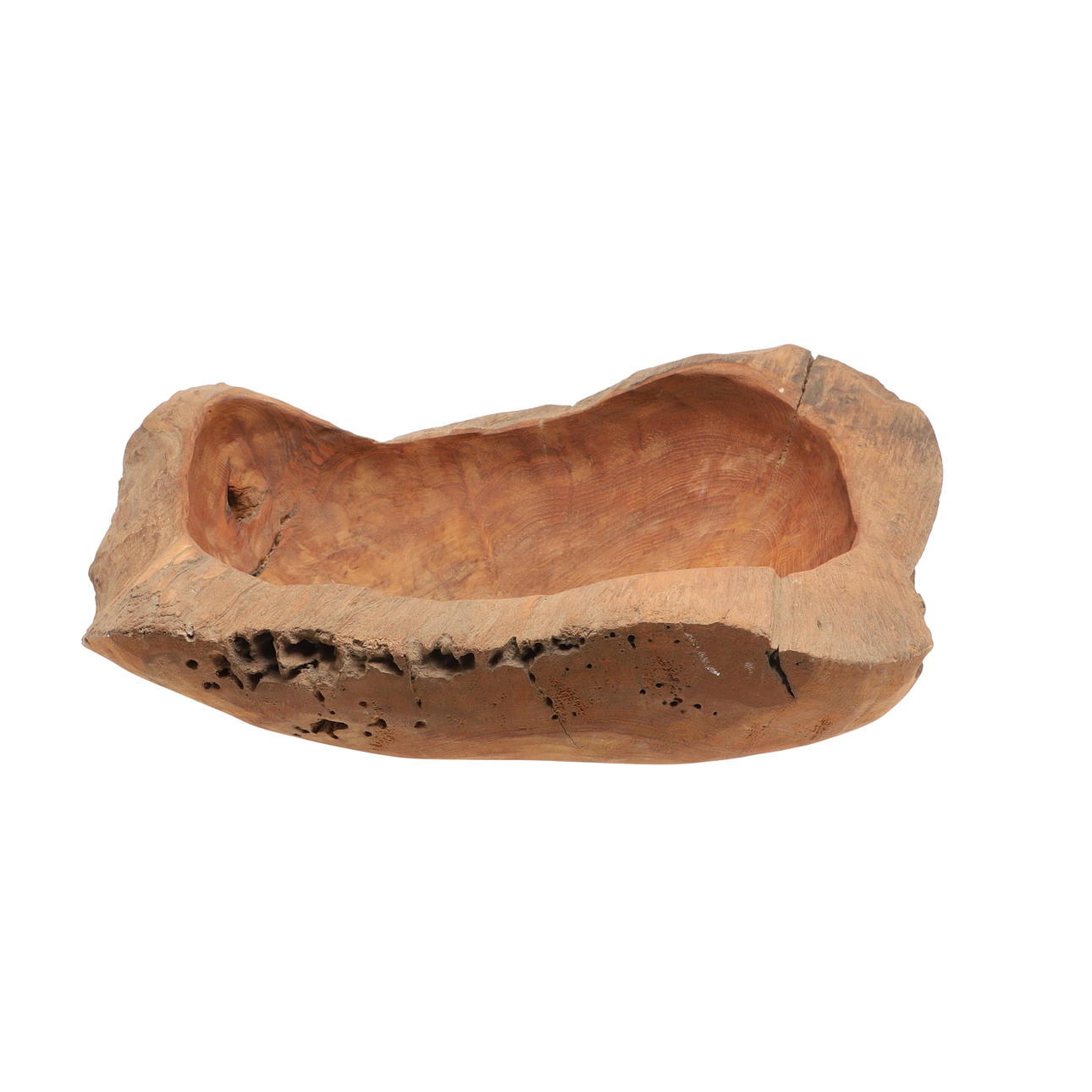 UN CUENCO DE MADERA TALLADA DE ESTILO RÚSTICO.