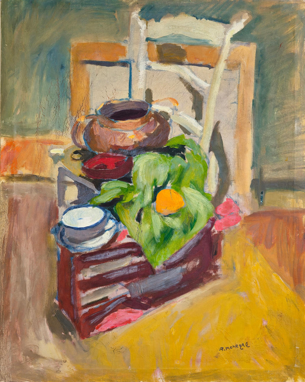CHAIR WITH OBJECTS. OIL ON CANVAS. SIGNED BY FR. MONEGAL.
