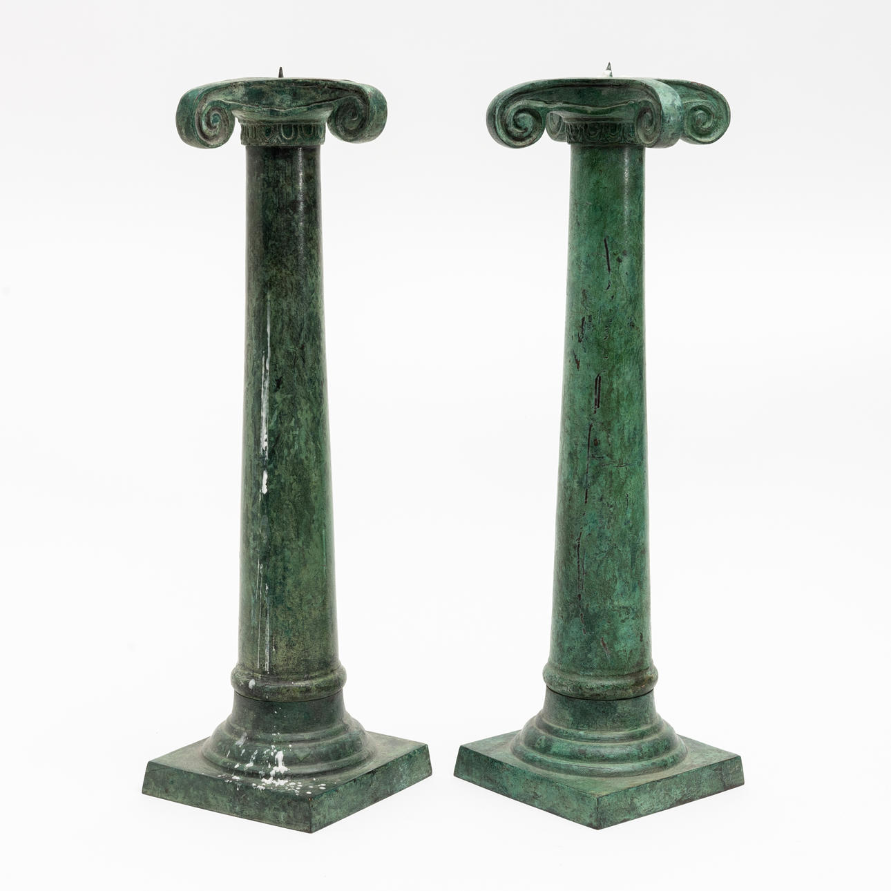 CANDLESTICKS, 1 pair, columnar, patinated bronze, 21st century.