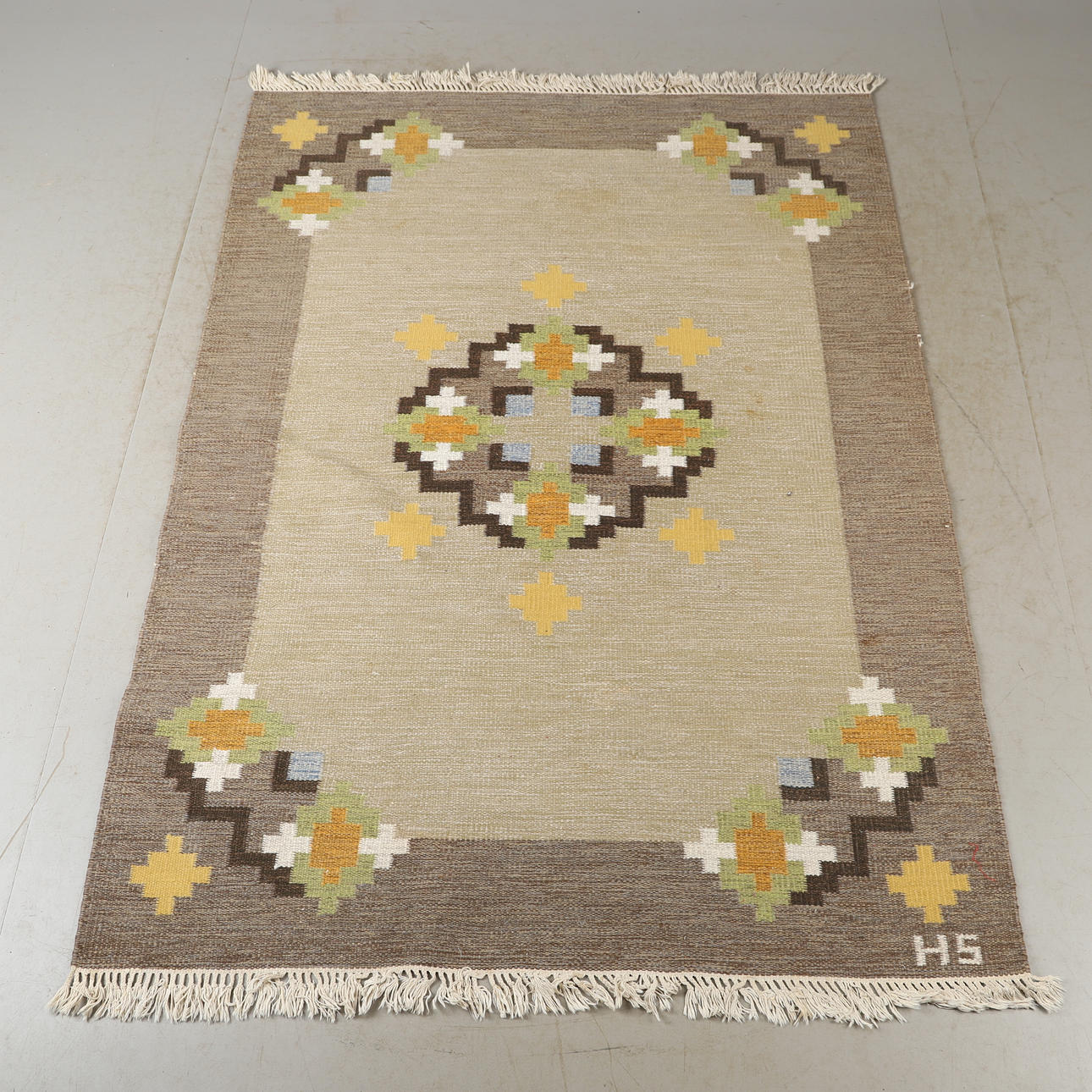 CARPET, wicker, signed HS, 233 x 166 cm.