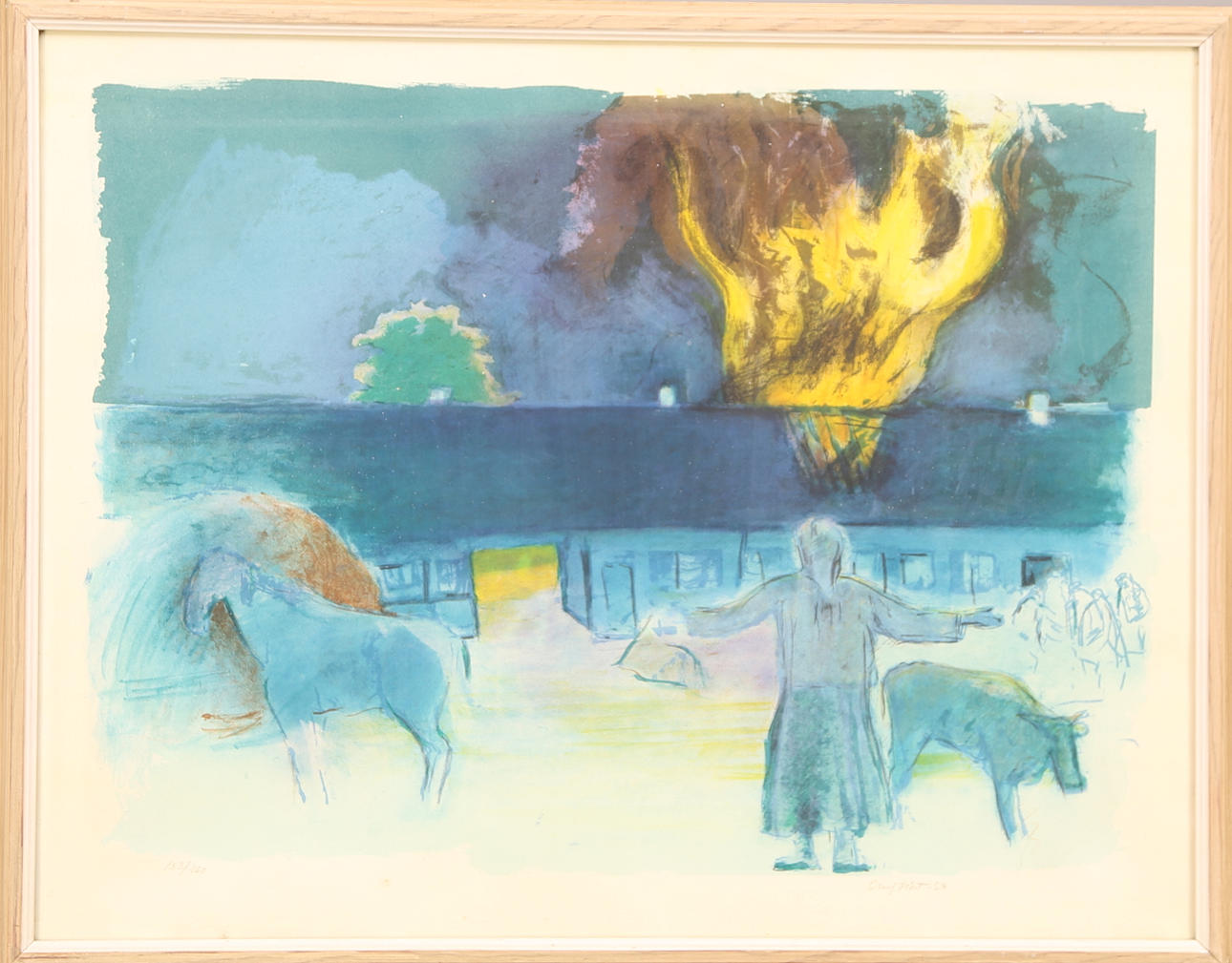 OLUF HÖST. TAVLA, litografi 153/230, signerad och daterad Oluf Höst -54, ladugårdsbrand.