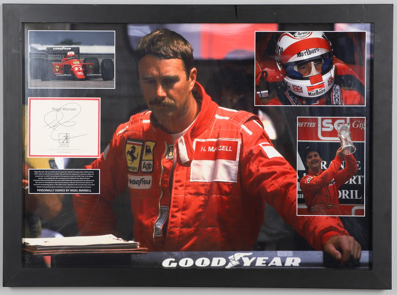 A SIGNED NIGEL MANSELL FRAMED MONTAGE PHOTO.