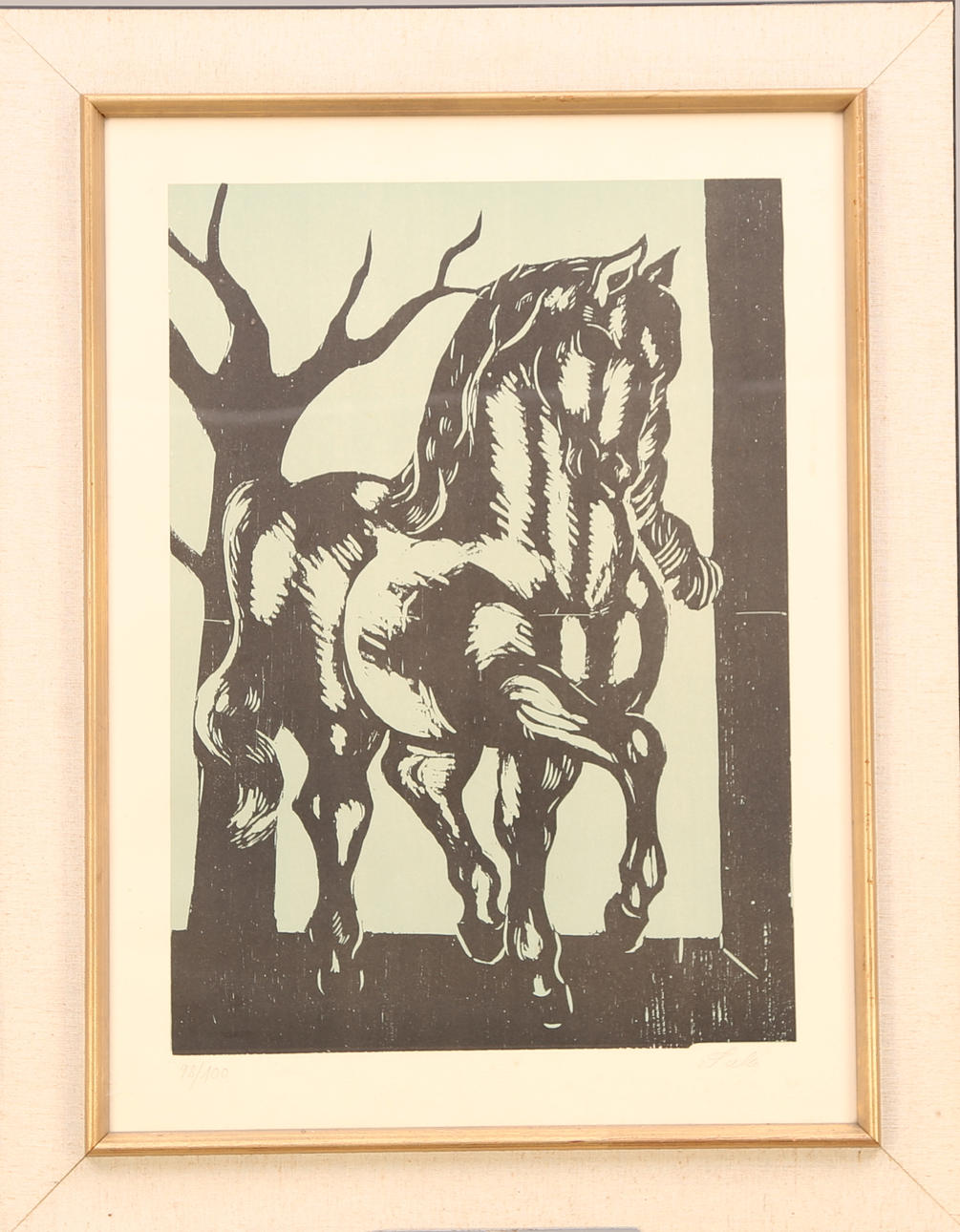 AXEL SALTO. TAVLA, litografi 98/100, signerad Salto, Alexander den stores häst "Bucefalos".