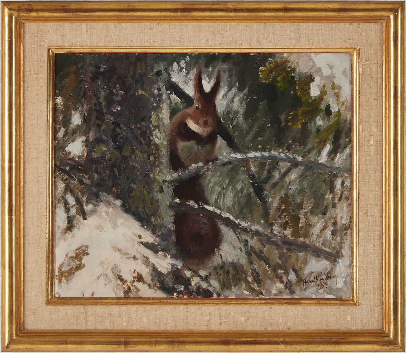 HARALD WIBERG. “Squirrel”, oil on panel, signed, dated 1949.