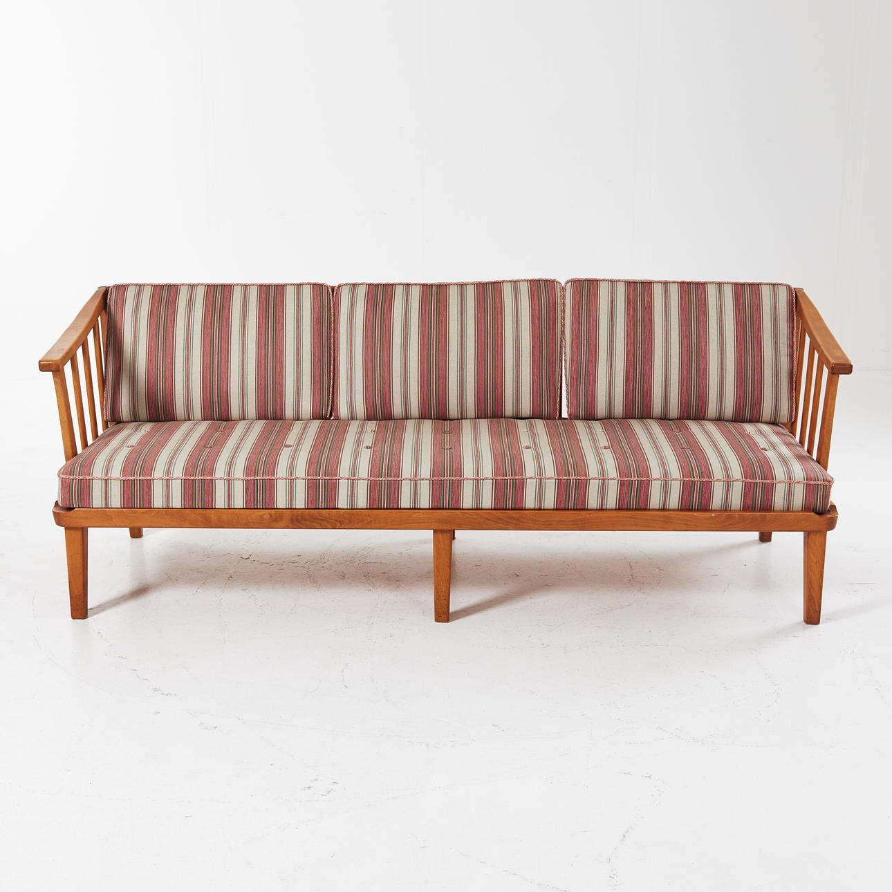 CARL MALMSTEN. “Visingsö”, oak sofa, loose plush in striped textile with edging, second half of the 20th century.