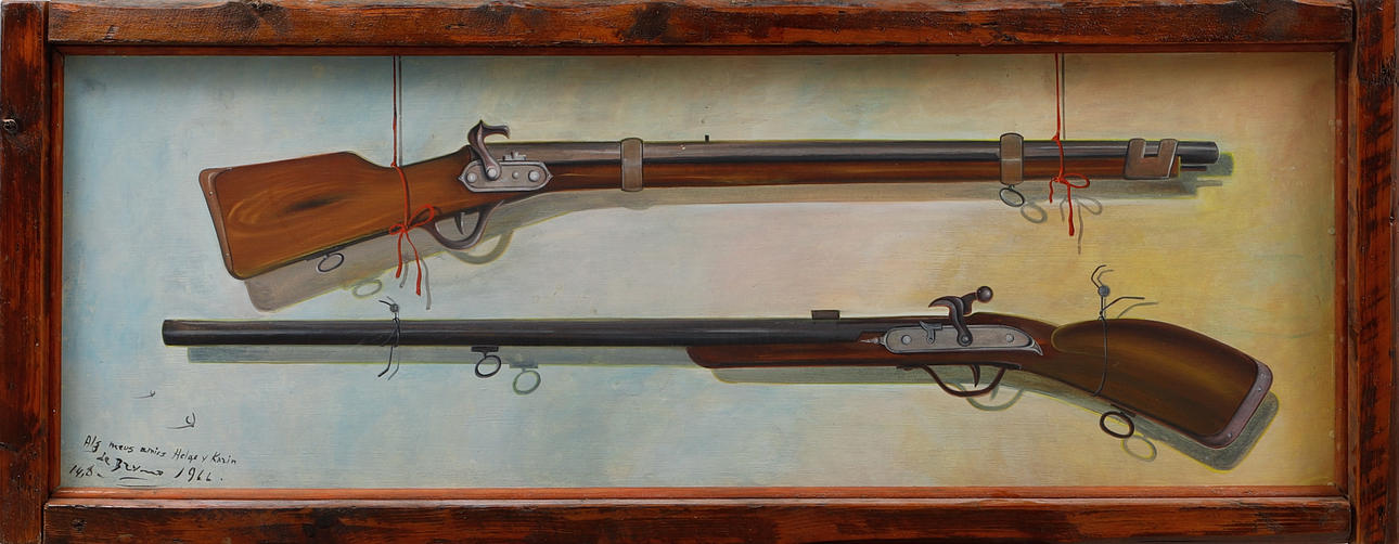 BRUNO FERRER. Motif with two rifles, oil on panel, signed and dated 1966.