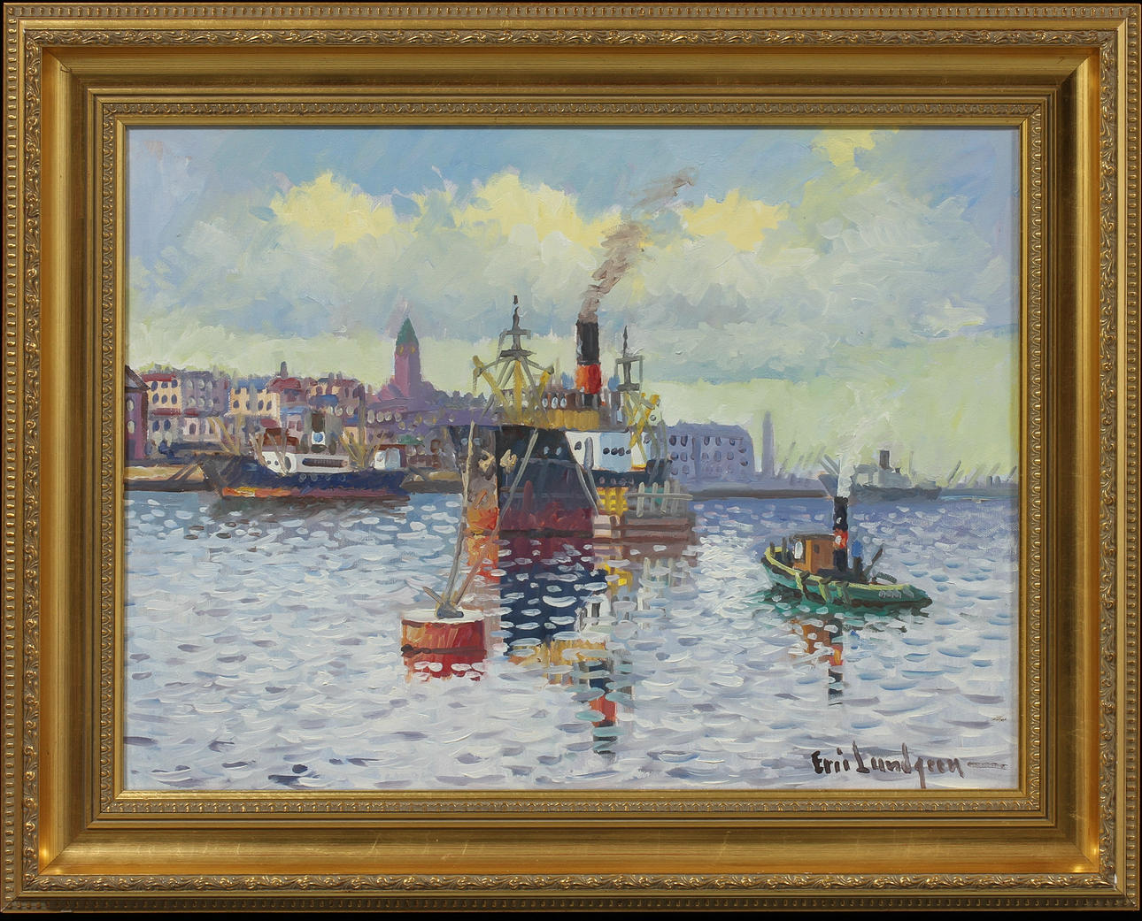 ERIC LUNDGREN. Göteborgs hamn, olja på duk, signerad.