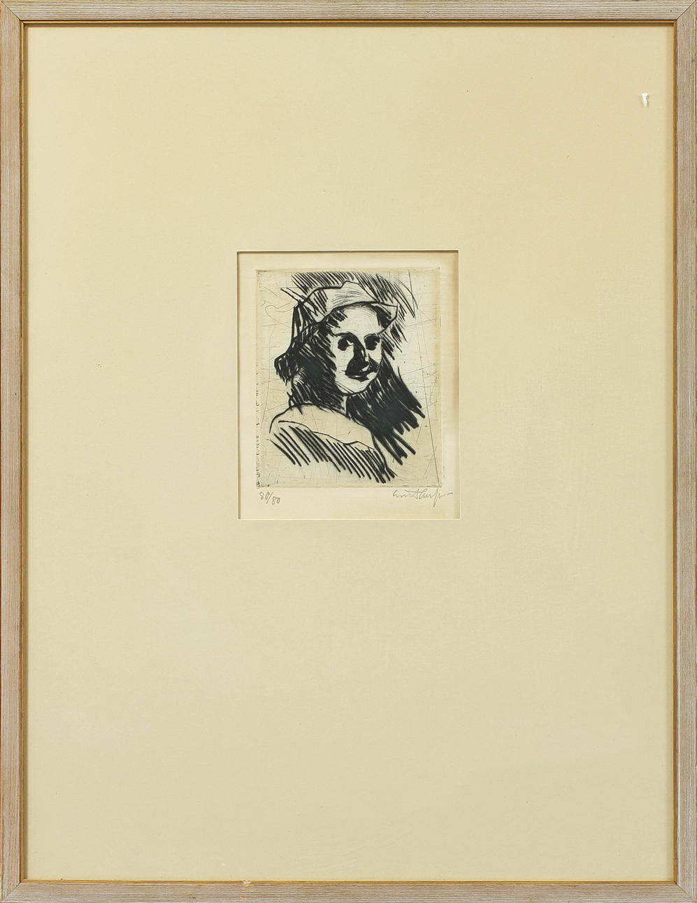 EVERT LUNDQVIST. "Leende flicka", torrnålsgravyr, sign o numr 80/80.