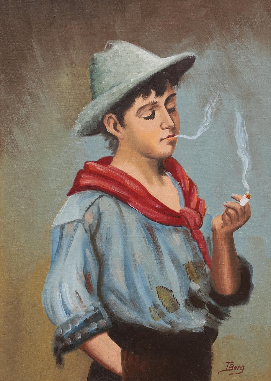 OIDENTIFIERAD KONSTNÄR. Oil on canvas, boy smoking, signed, T. Mountain.