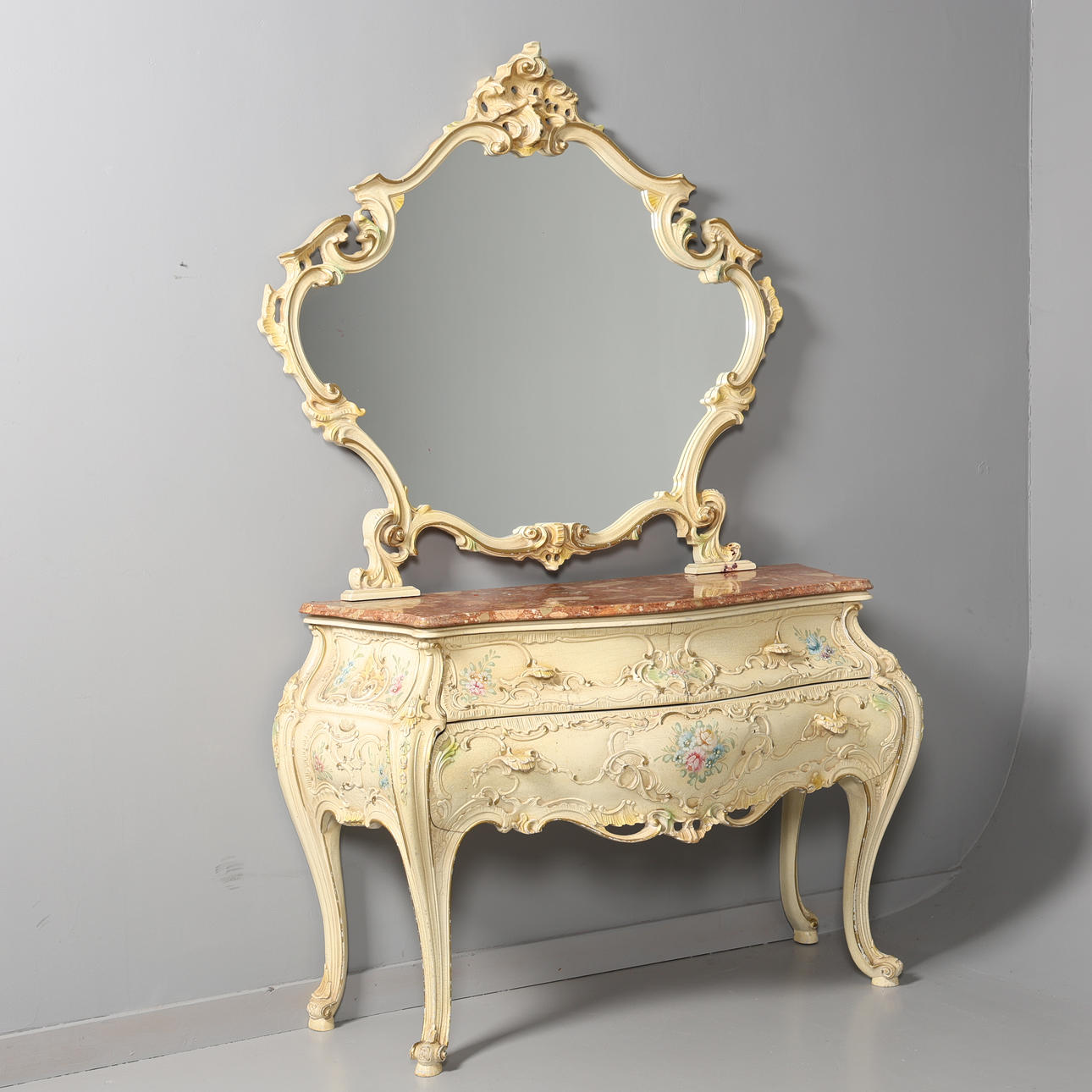 ROCOCO STYLE MIRROR CABINET with marble top.