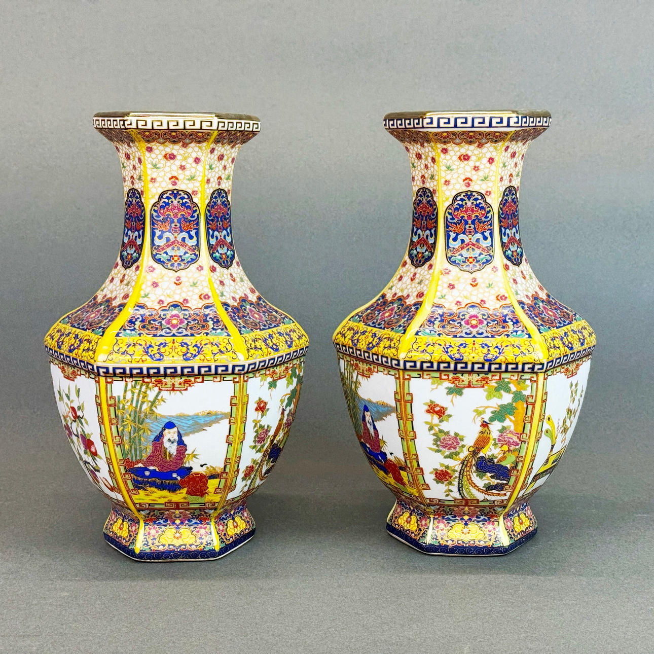 PAIR OF CHINESE HEXAGONAL VASES.