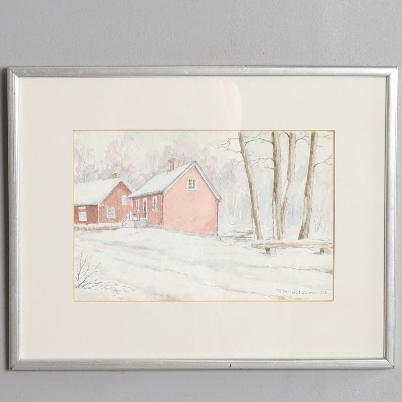 A WATERCOLOUR, winter motif, red cottages, signed G Andersson, dated -90.