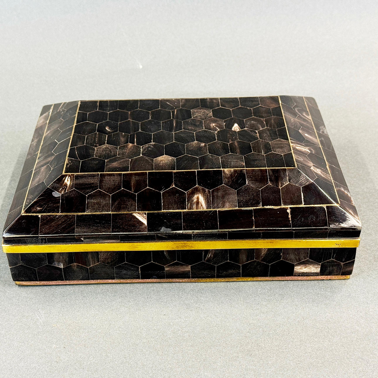 MOSAIC DECORATED GILT BRASS CIGAR BOX.