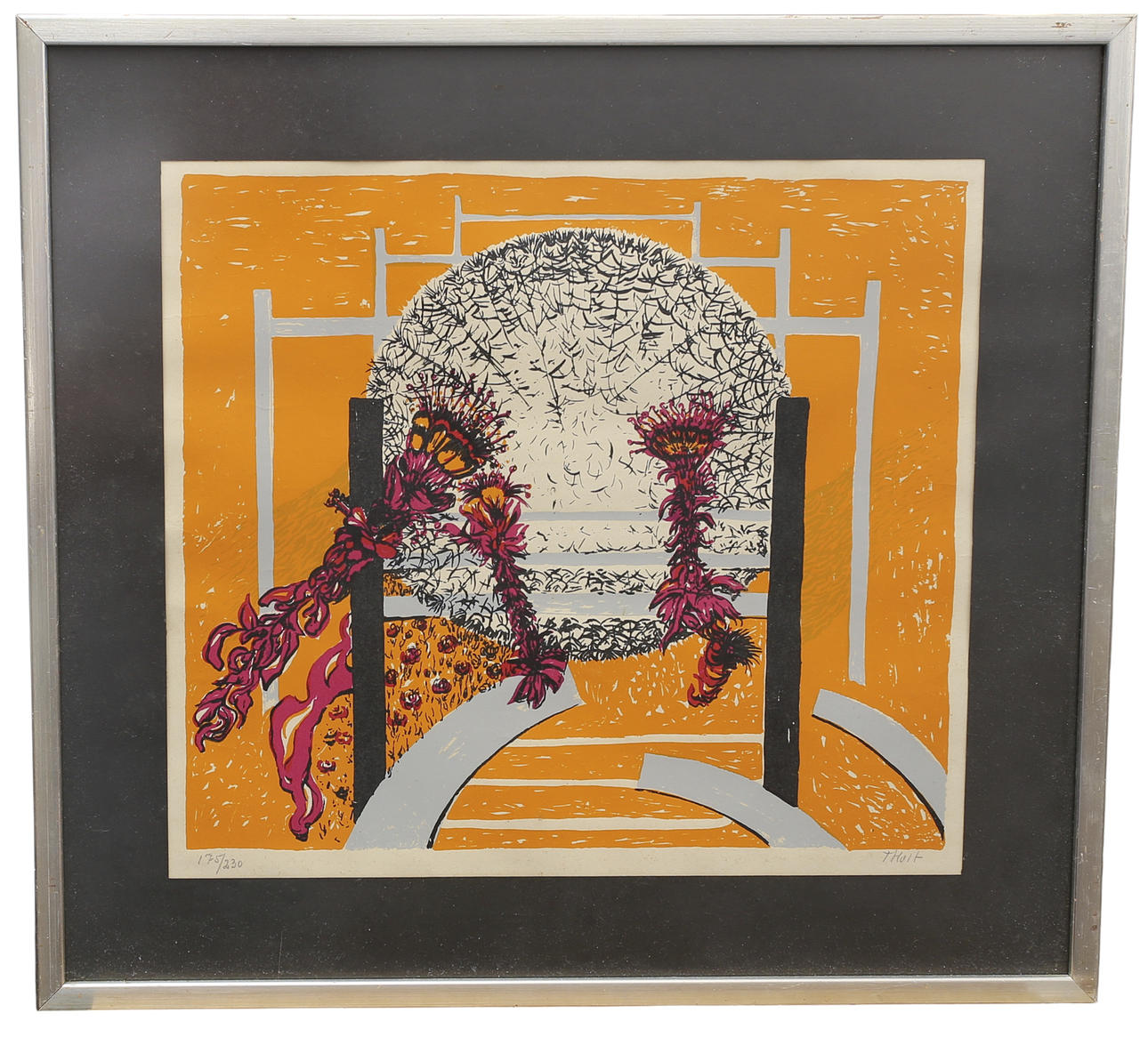 TORSTEN HULT, lithograph, orange background, flowers. Numbered 175/230. Signed THult, last quarter of 20th century.