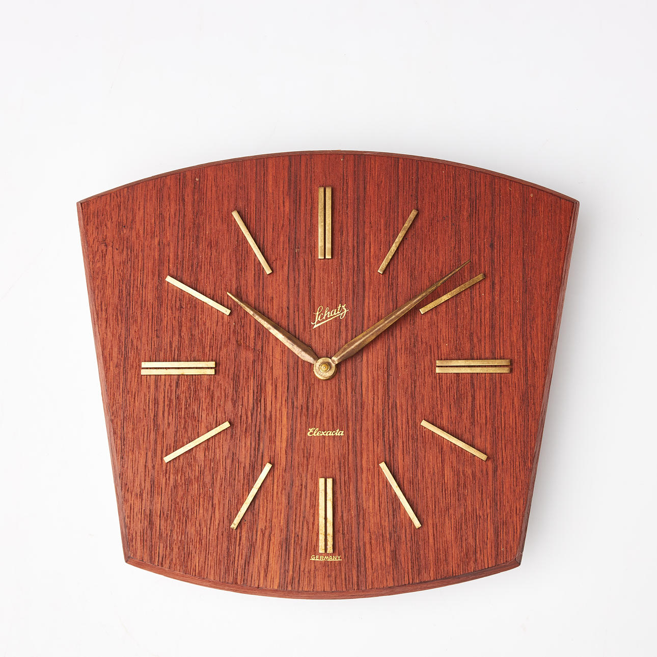 SCHATZ, "Elexacta”, Wall clock, 1950/60s, Teak with brass decor, Germany.