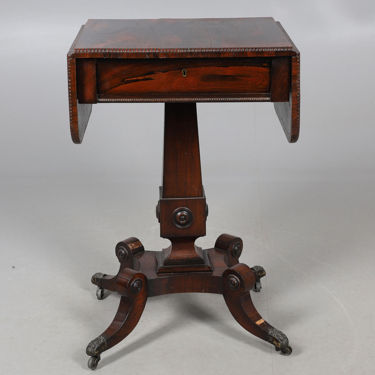 VICTORIAN ROSEWOOD DROP FLAP WORK TABLE.