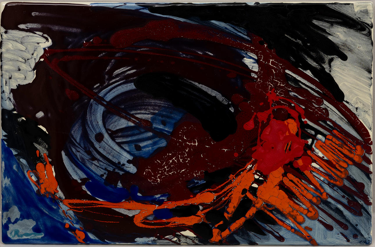 UNIDENTIFIED ARTIST, abstract composition, enamel plate, signed.